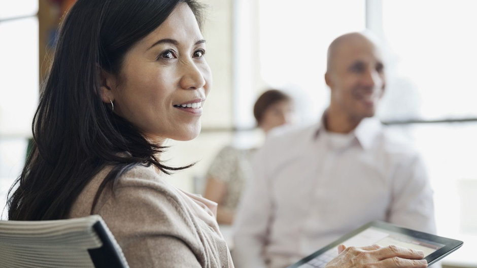 Woman digital tablet meeting