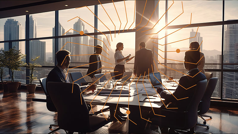 Professionals in a conference room meeting, representing global collaboration on e-invoicing and digital tax compliance