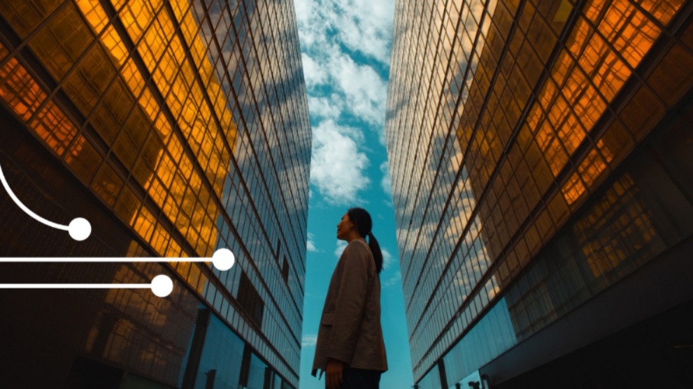 Modern business architecture with abstract digital overlay symbolizing global tax compliance