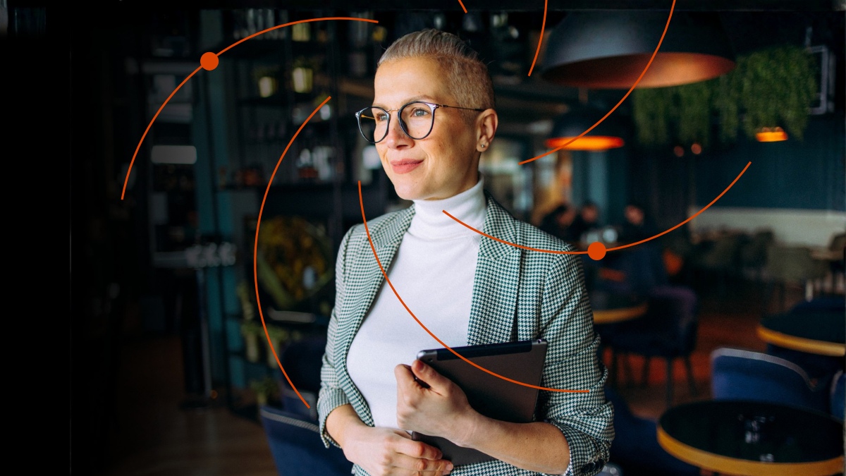 Business professional holding a tablet in a modern office setting, representing a webinar on legal privilege in the age of AI, focusing on risks, governance, and compliance in legal practice