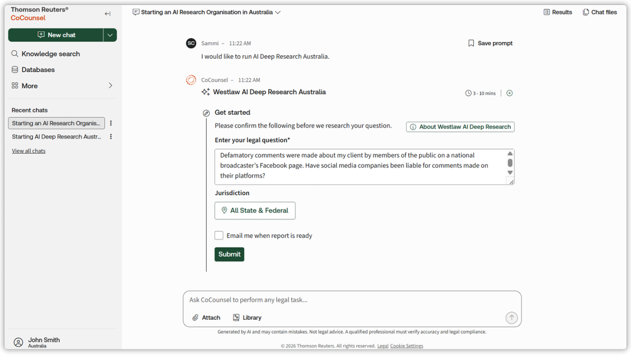 Screenshot of CoCounsel Legal Deep Research delivering a structured, citation-backed answer to a legal question
