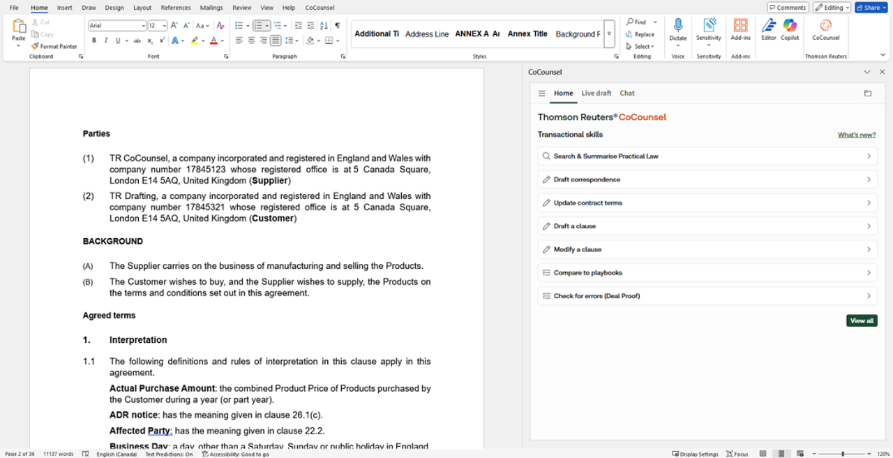 Screenshot of CoCounsel Legal drafting assistance inside Microsoft Word with clause suggestions