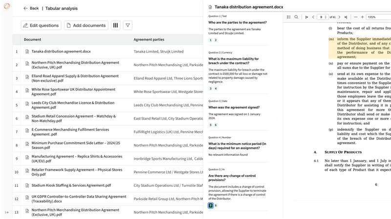 Screenshot of CoCounsel Legal document analysis showing contract risks and key terms in a table
