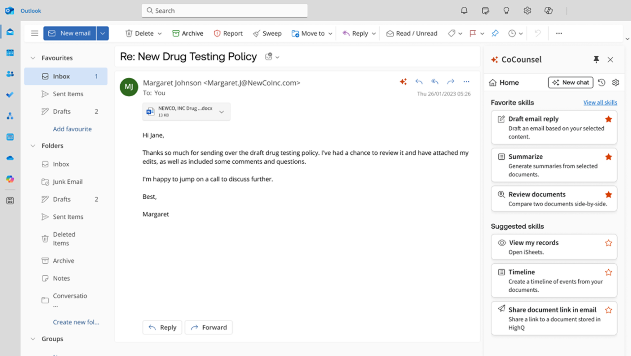 Screenshot of CoCounsel Legal integrated within Microsoft 365, DMS, and HighQ workspace