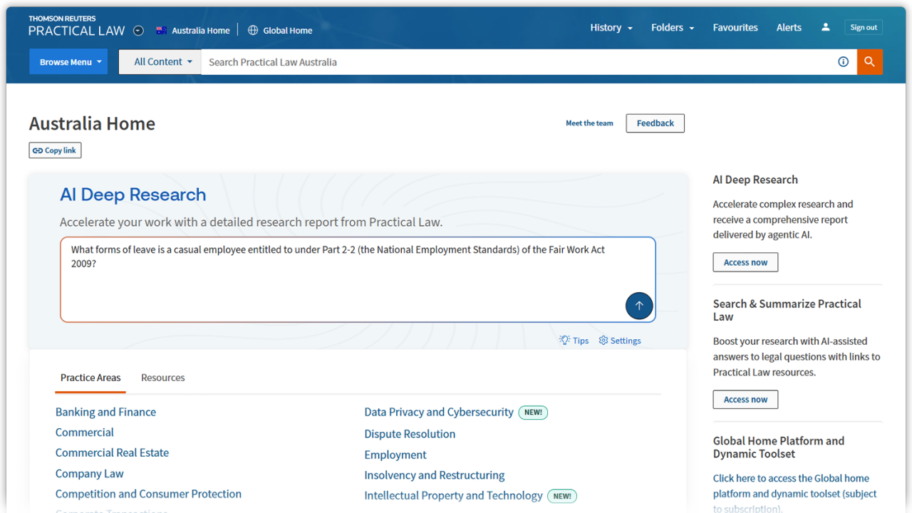 Screenshot of CoCounsel Deep Research showing its AI dashboard