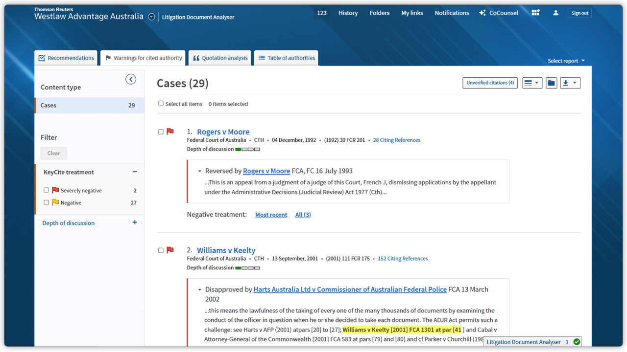 Screenshot of Litigation Document Analyser highlighting relevant cases and citation issues