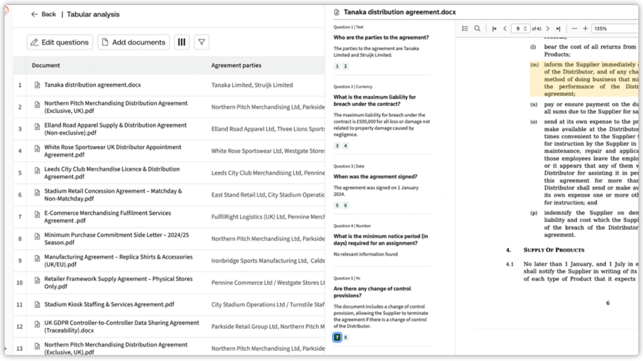 Screenshot of CoCounsel Tabular Analysis showing document risks and insights in a sortable table