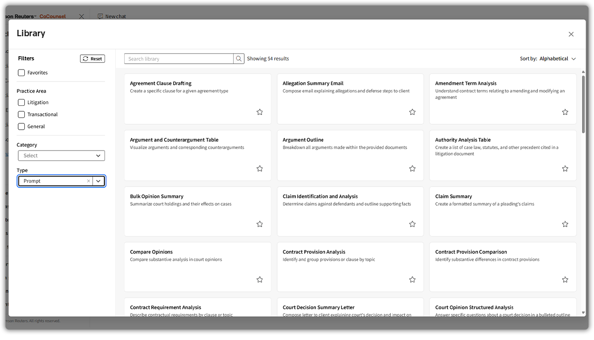 Screenshot of CoCounsel's library of expert-built prompts for common legal tasks