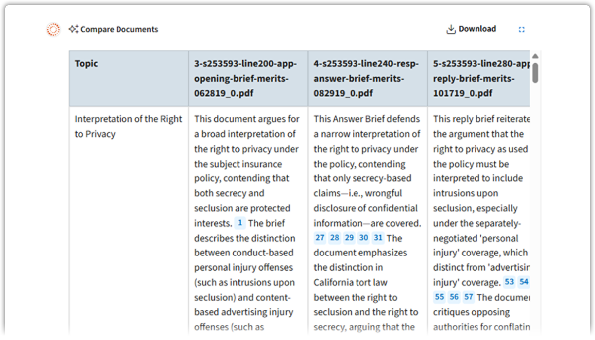 Screenshot of CoCounsel comparing two documents and citing key differences