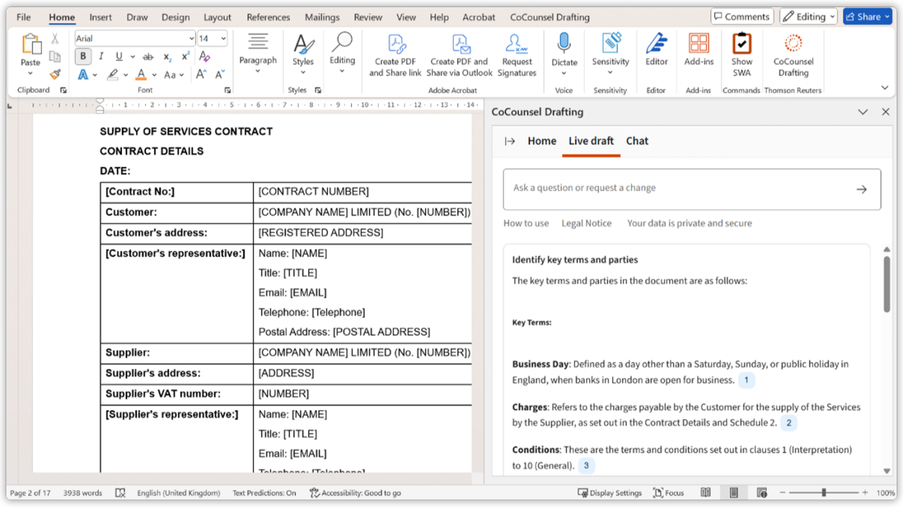 Screenshot of CoCounsel Live Draft showing real-time drafting suggestions in a document