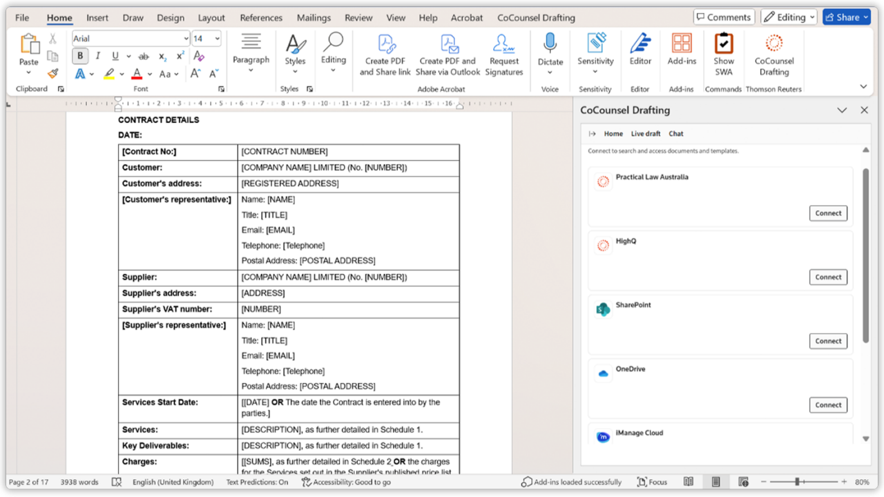 Screenshot of CoCounsel searching SharePoint and OneDrive documents from within Microsoft Word