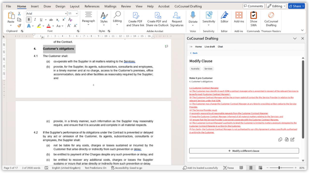 Screenshot of CoCounsel generating and refining a contract clause using natural language
