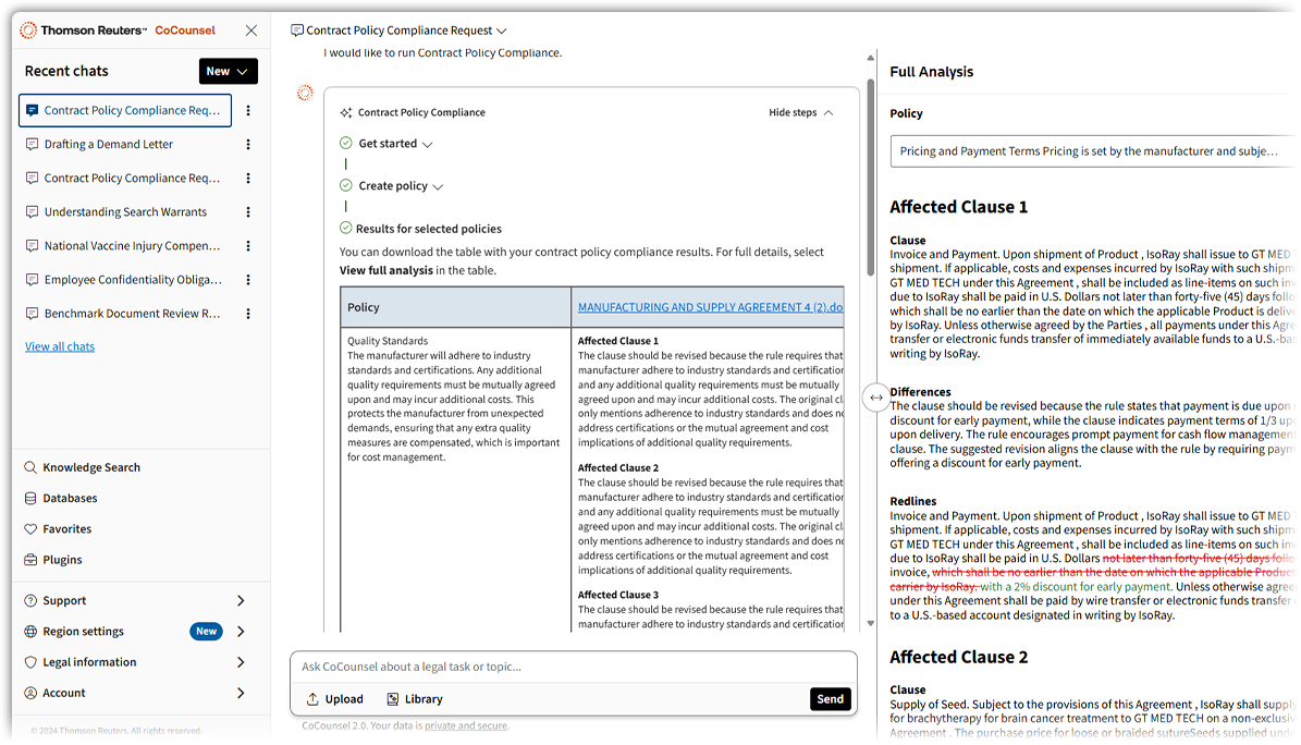 Screenshot of CoCounsel building a contract playbook from precedent contracts