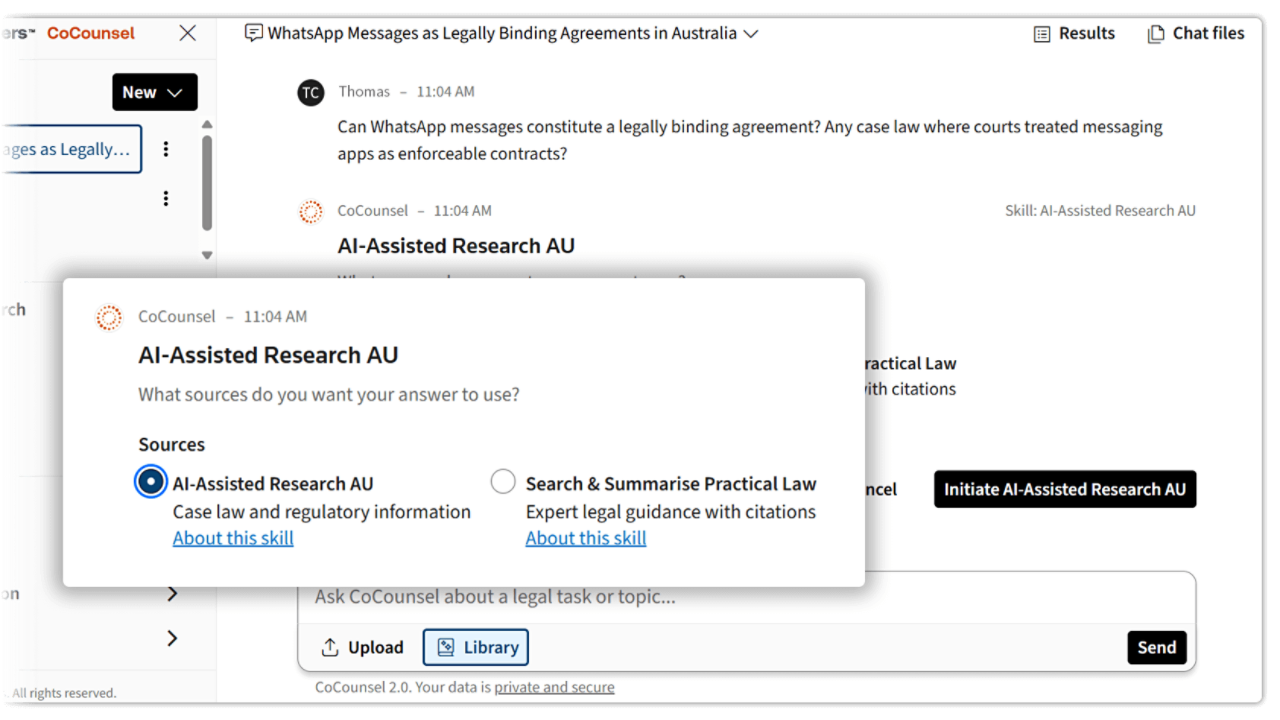 Westlaw Precision Australia’s CoCounsel interface showing AI-Assisted Research with answers based on Australian legal sources including ASIC and ATO.