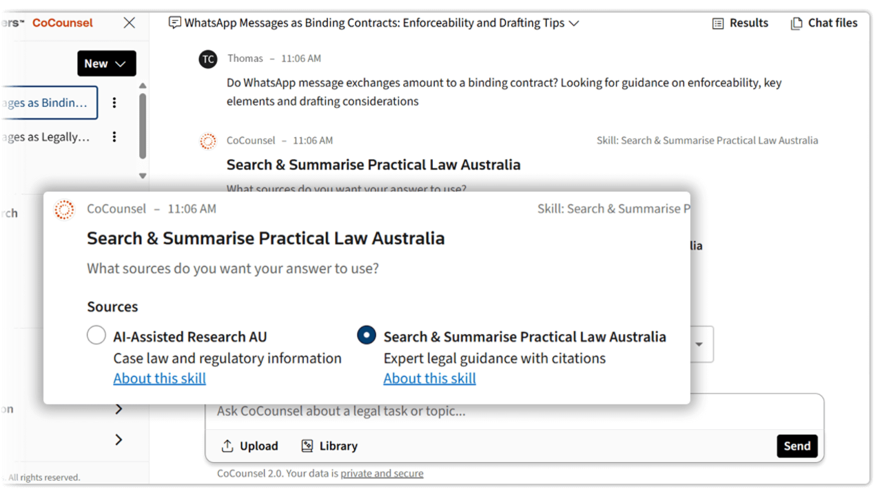 CoCounsel interface showing Search & Summarise with Practical Law Australia. AI delivers synthesised summaries and links to key resources from 700+ global legal experts.