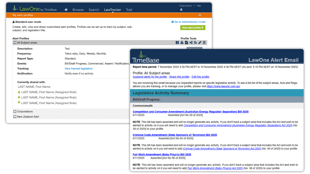 Screenshot of TimeBase LawOne alerts