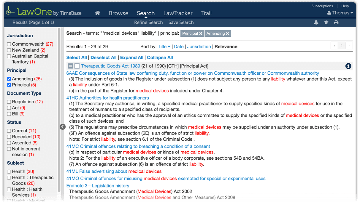 Screenshot of TimeBase LawOne research tools