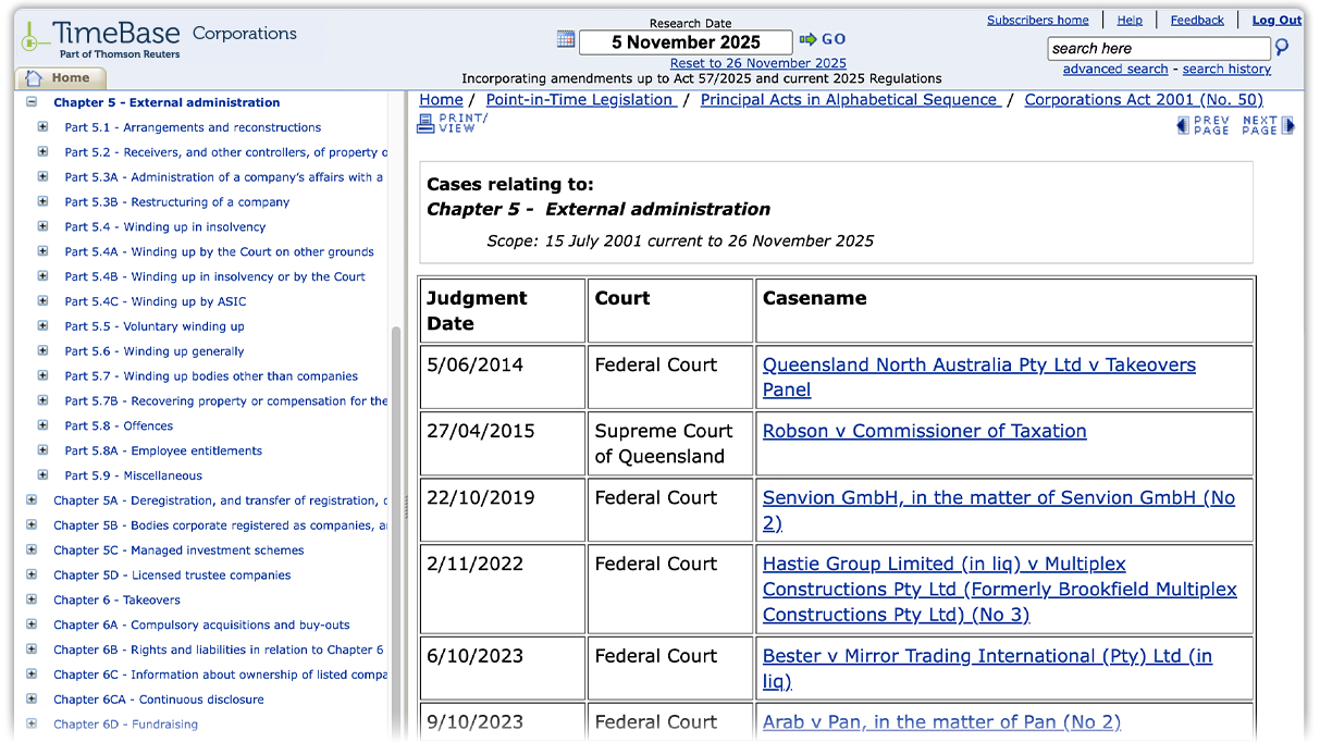 Screenshot of TimeBase Point-in-Time's cases