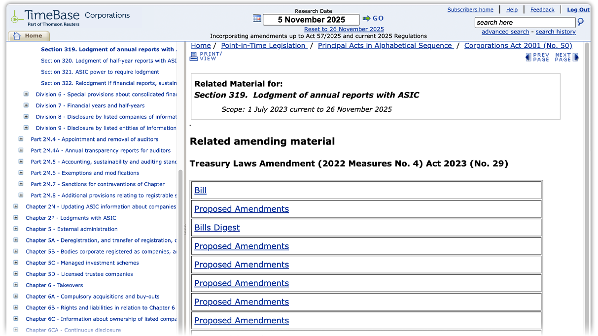 Screenshot of TimeBase Point-in-Time's view legislation on any specific date