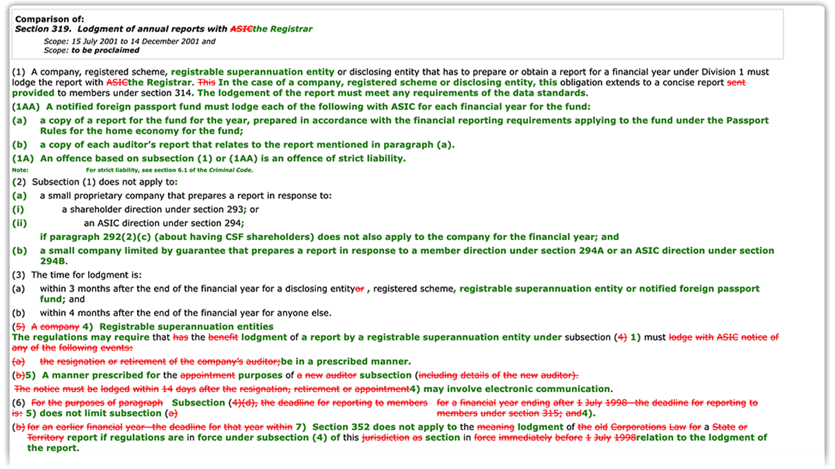 Screenshot of TimeBase Point-in-Time's view legislation on compare legislative changes
