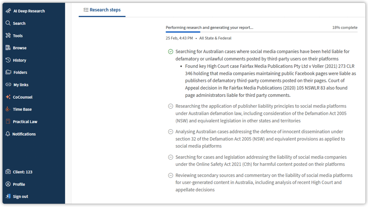 Screenshot image showing Westlaw Advantage Australia with Deep Research (Agentic AI)