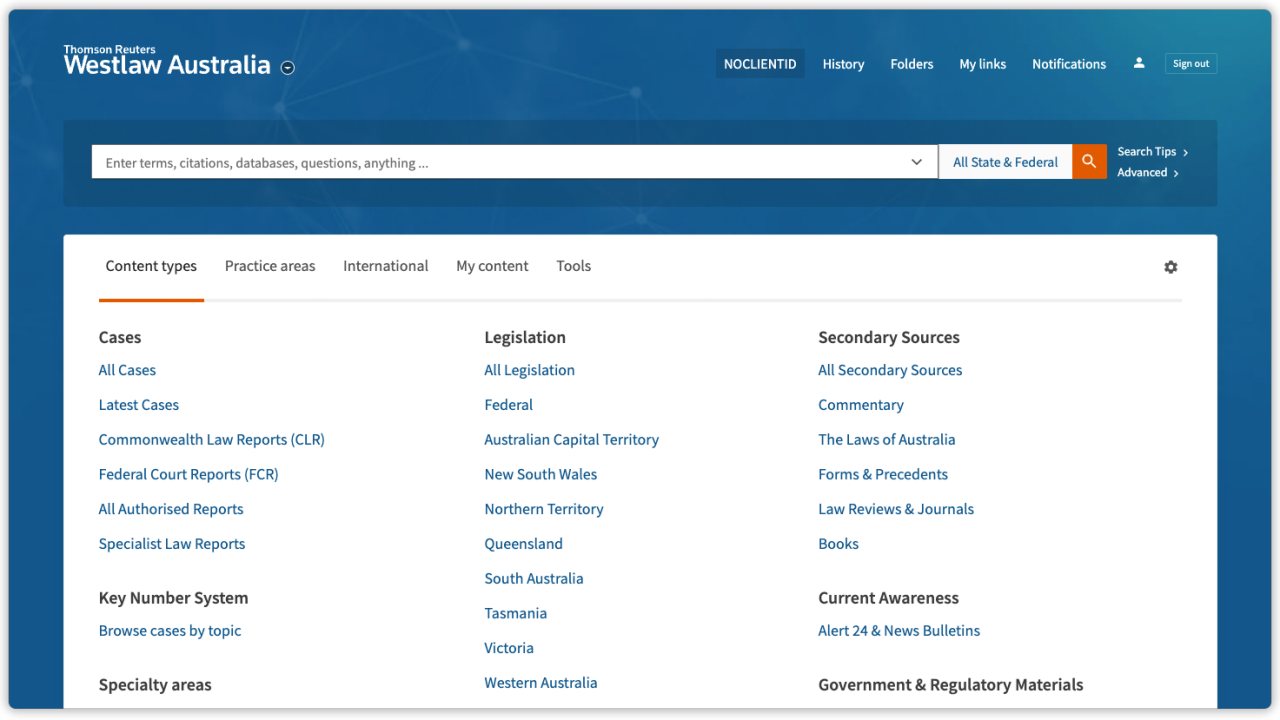 Screenshot of Westlaw Australia interface showing legal research platform