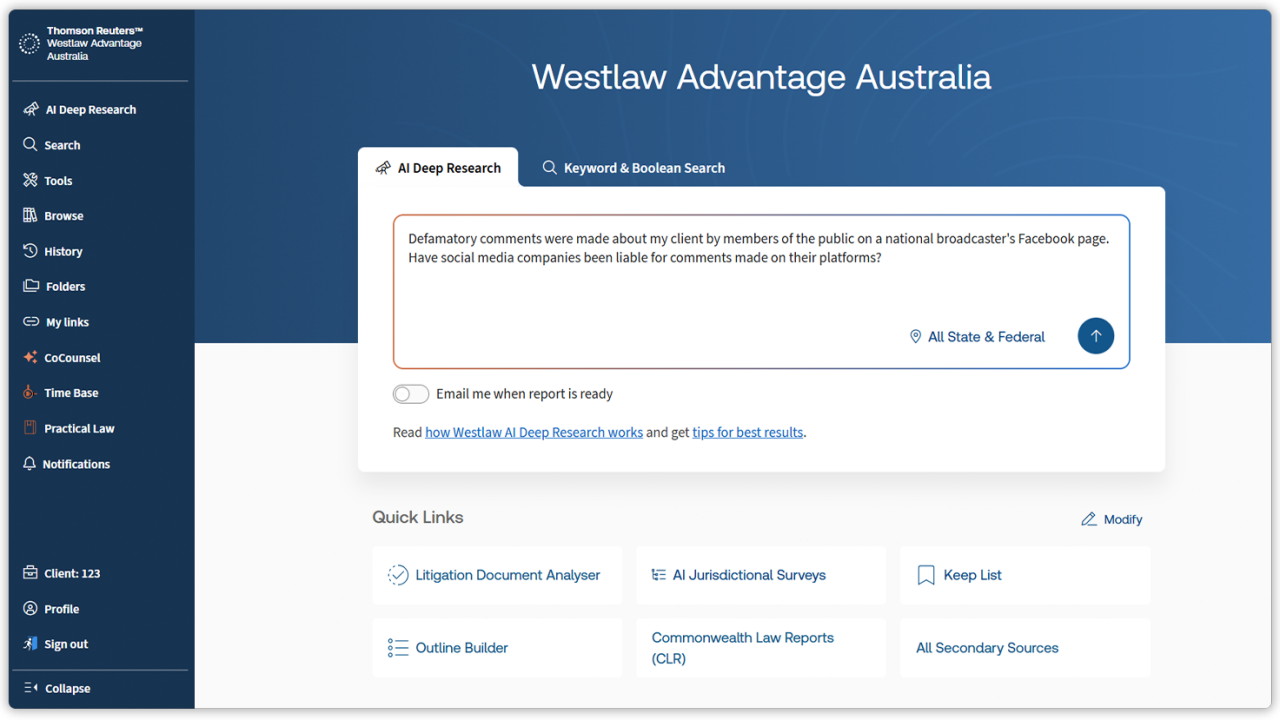 Screenshot of Westlaw Advantage Australia showing AI and deep research capabilities